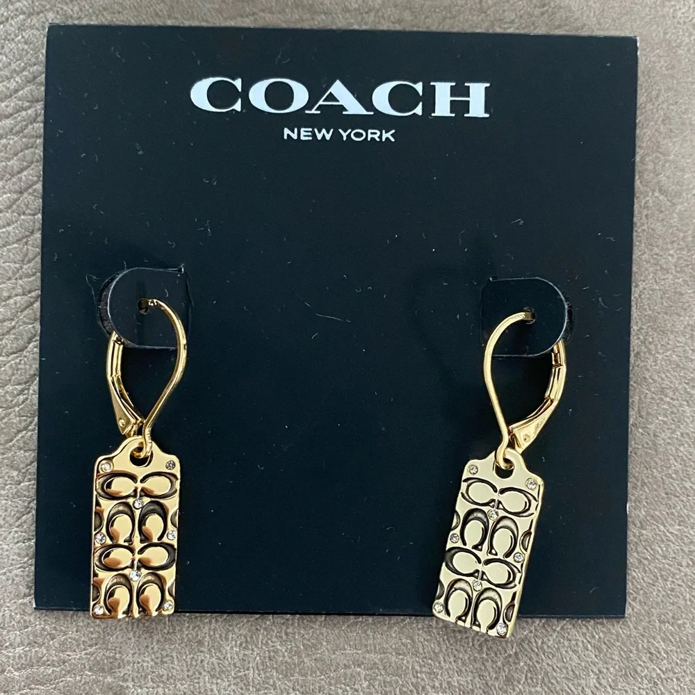 Coach Logo Quilted Drop Earrings Gold Tone Swarovski Crystal Dog Tag NWT - Picture 3 of 5